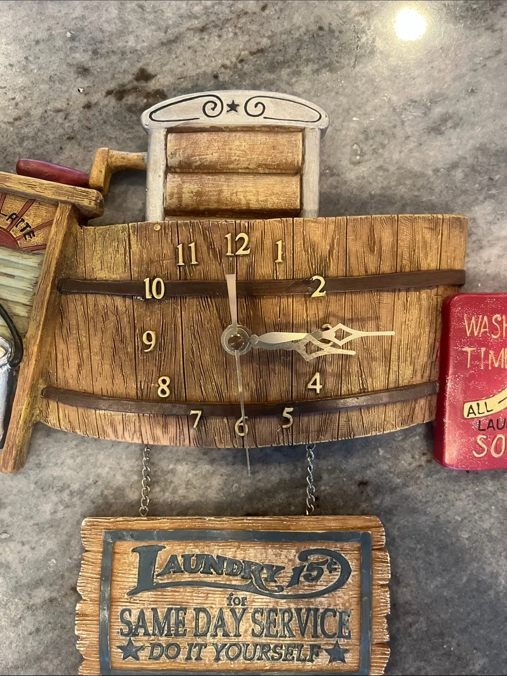 Rustic Wood Barrel Laundry Wall Clock - Brown & Red